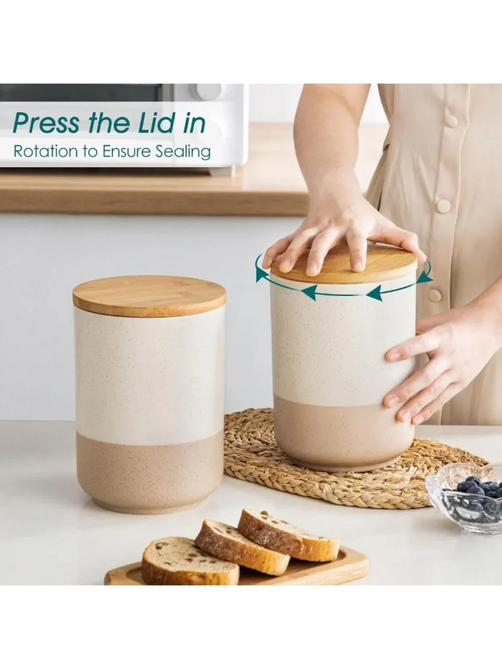 Large Ceramic Canister Set with Airtight Wood Lids - 2-Piece Kitchen Storage